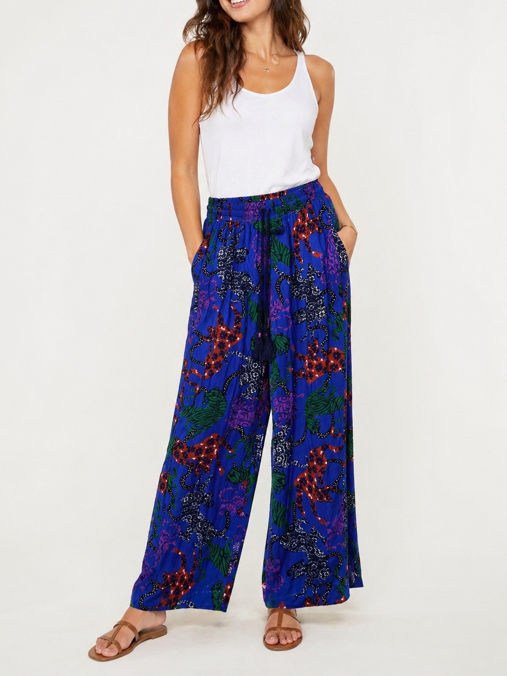 Anthro Wide Leg Pants XS Blue Leopard Print Boho Festival Lounge Elastic Waist